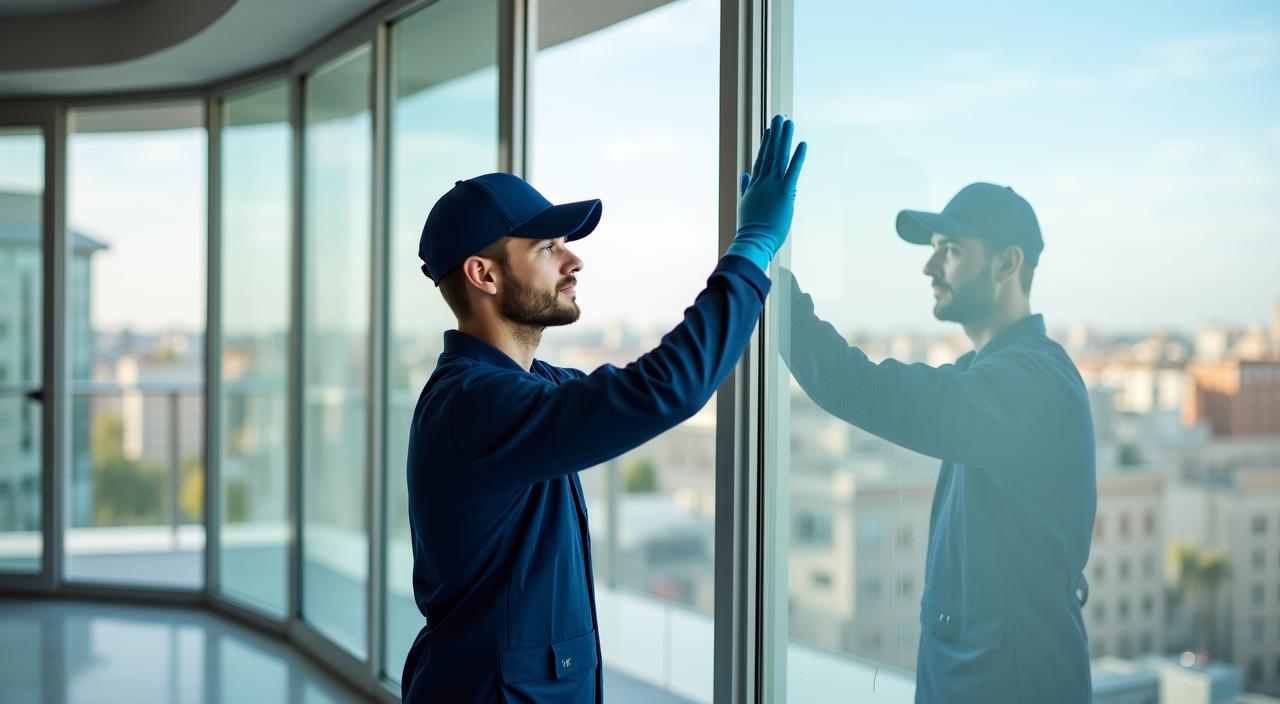 Profesional de limpieza trabajando en una oficina moderna en Madrid